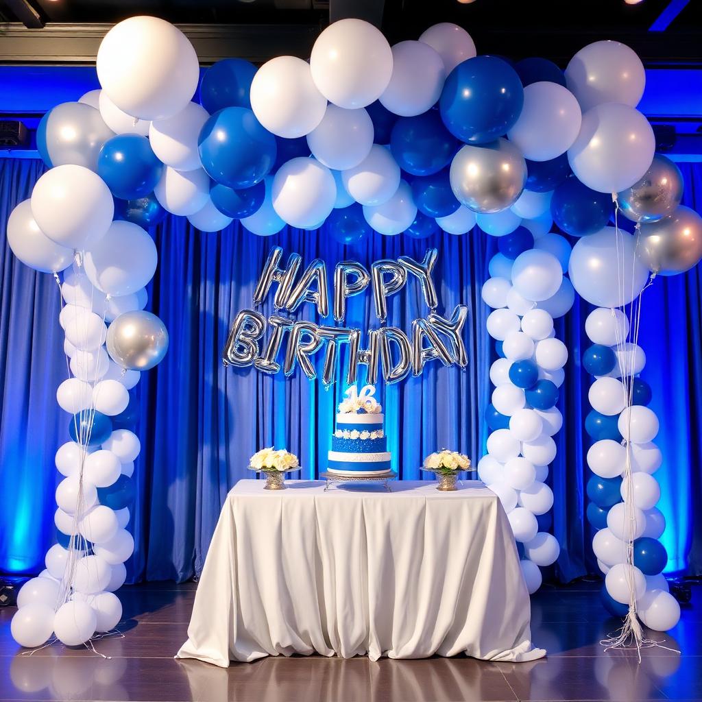 Decoração de aniversário em azul, branco e prateado