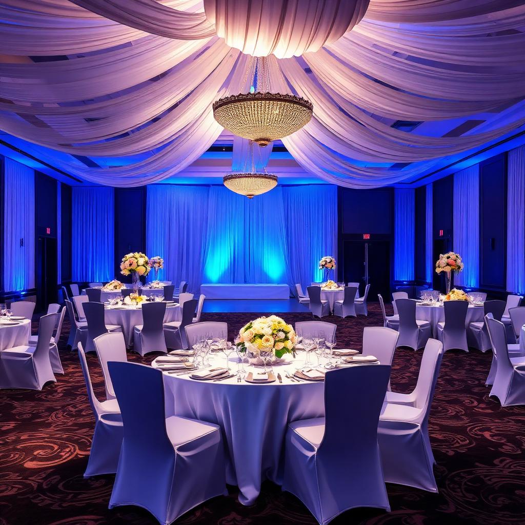 Salão de casamento decorado em branco, azul e prateado