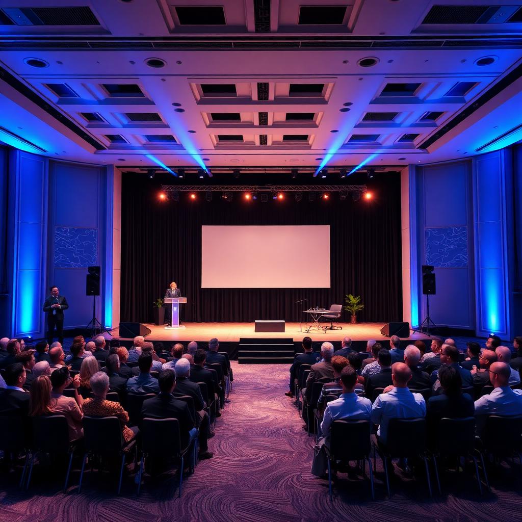 Evento corporativo com palco e conferência