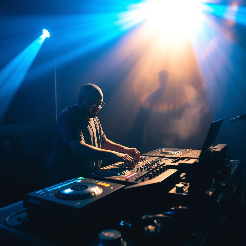 DJ a atuar com equipamento profissional e luzes azuis