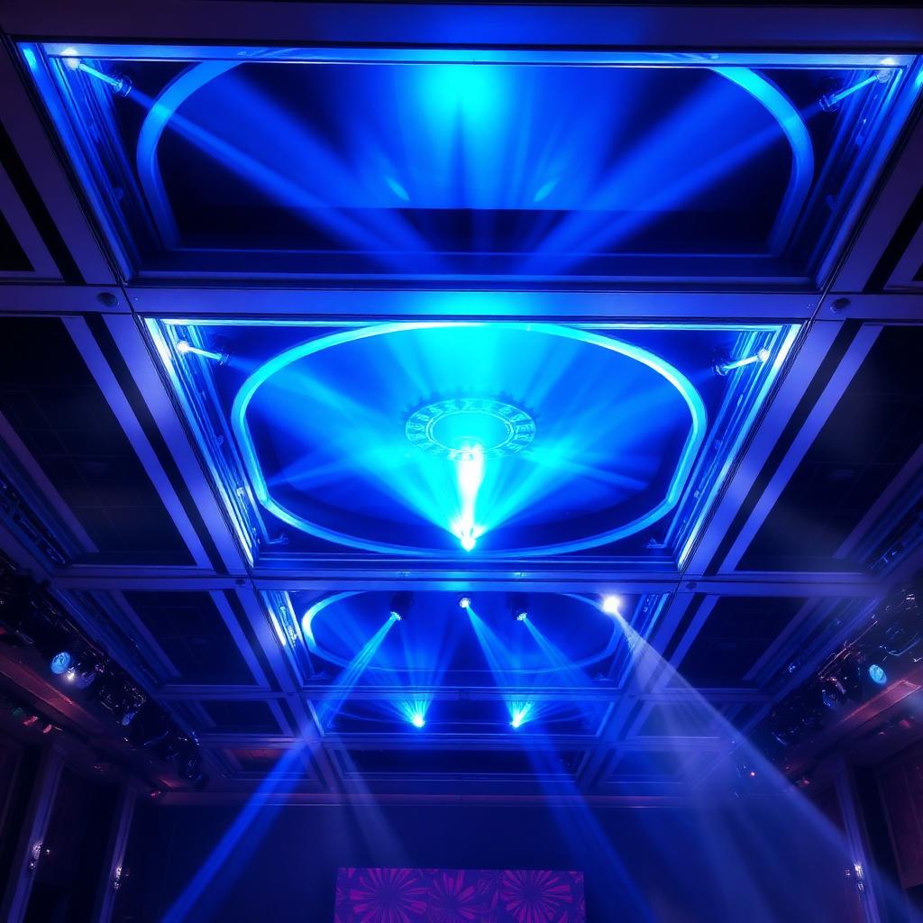 Instalação de iluminação decorativa azul no teto