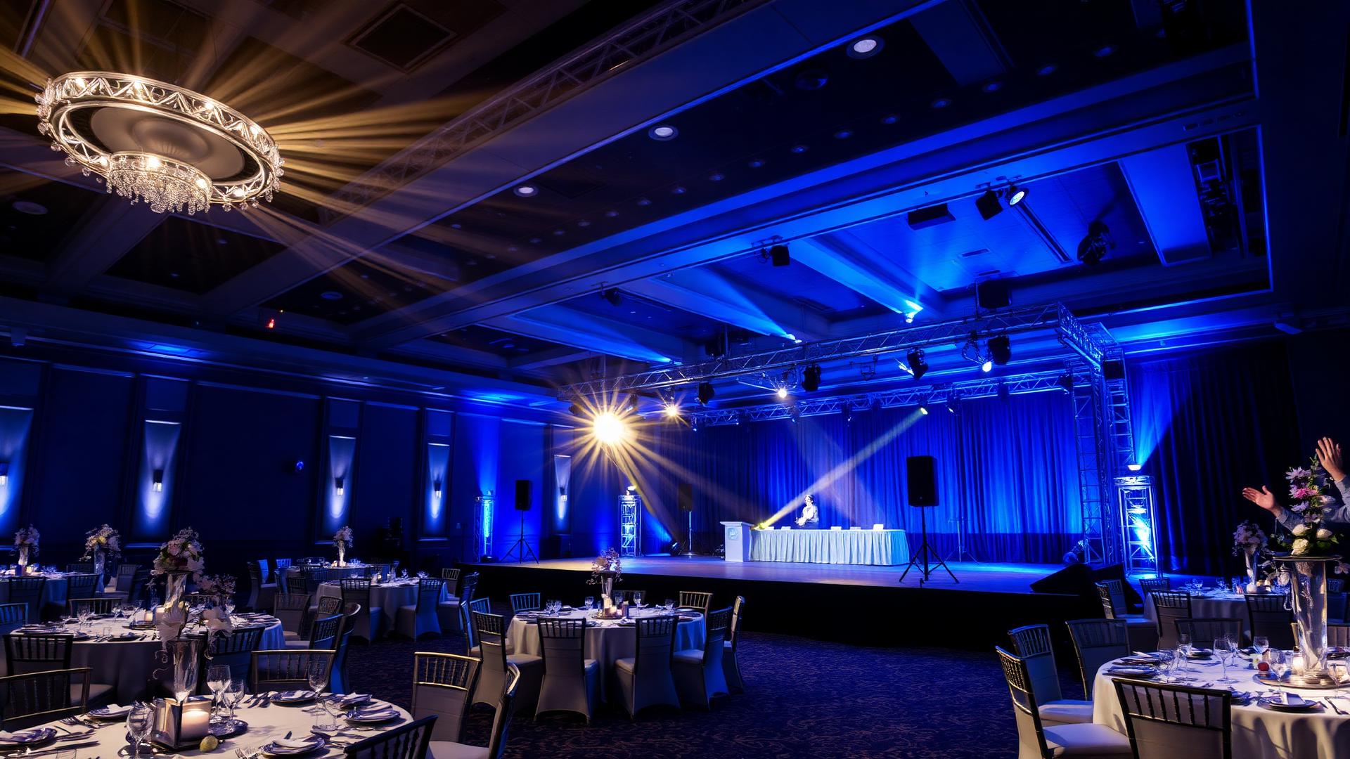 Salão de eventos com palco, sonorização profissional e iluminação azul